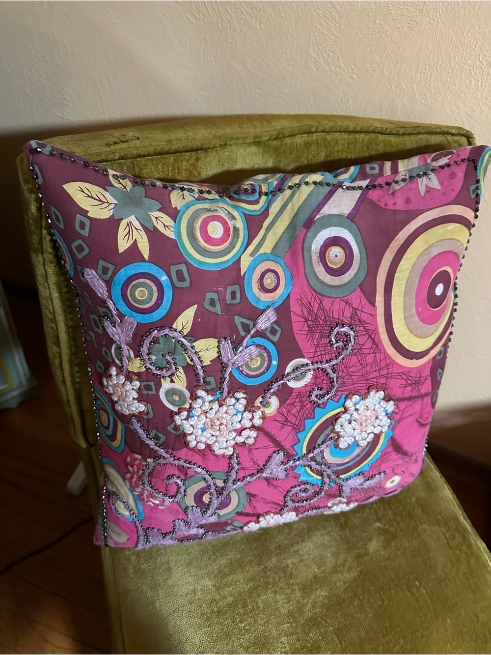 Decorative Embroidered Accent Pillow in Pink and Multicolor